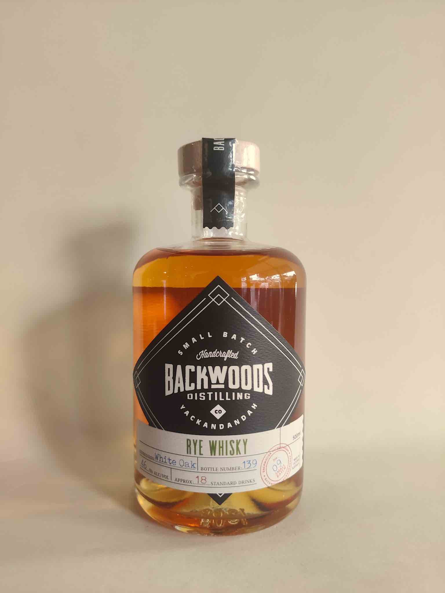 A 500ml bottle of Backwoods Batch 9 Rye Whisky from Yackandandah, Victoria. 