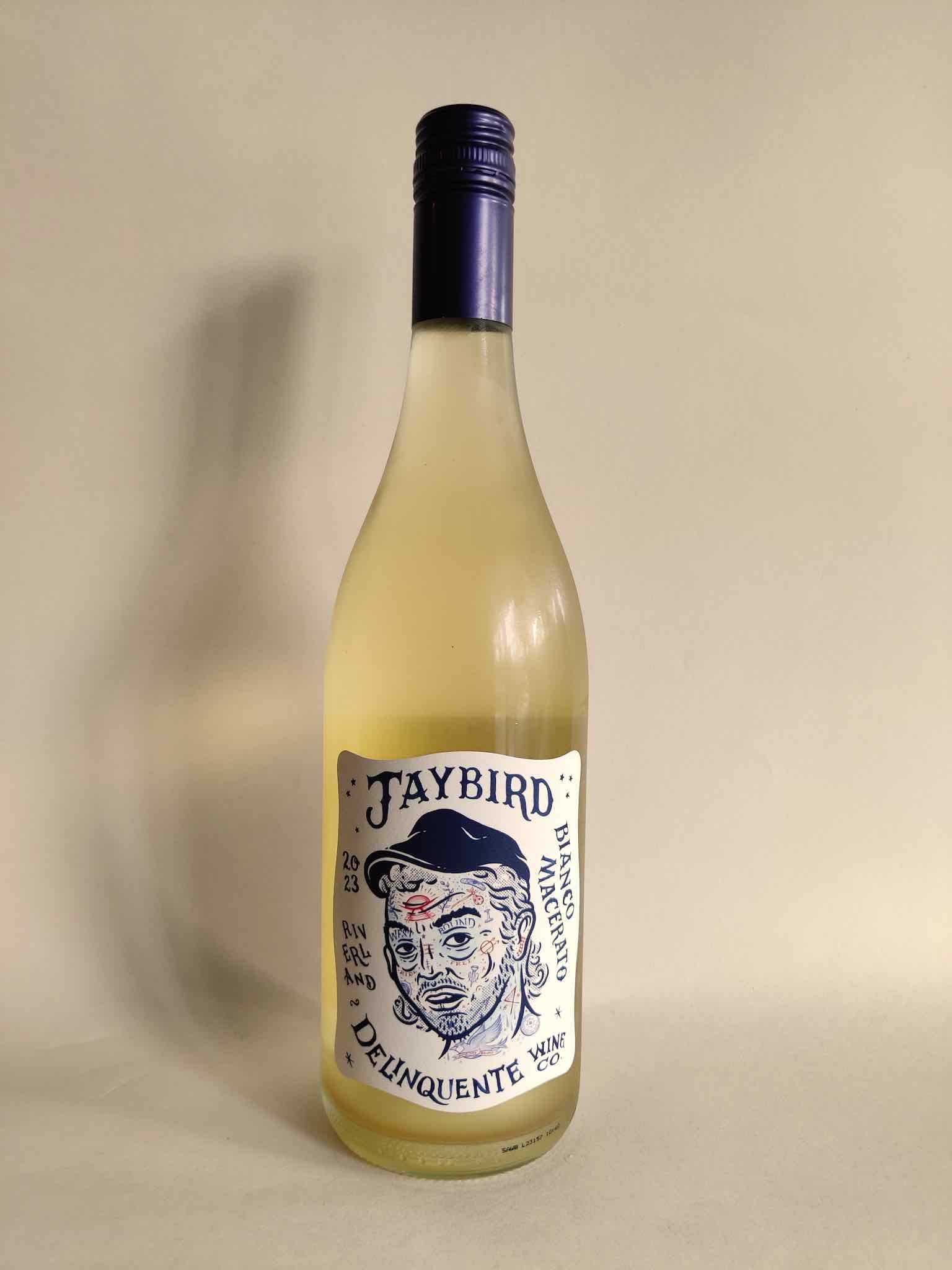 A 750ml bottle of Delinquente Jaybird Bianco Macerato skin contact white wine from Riverland, South Australia.
