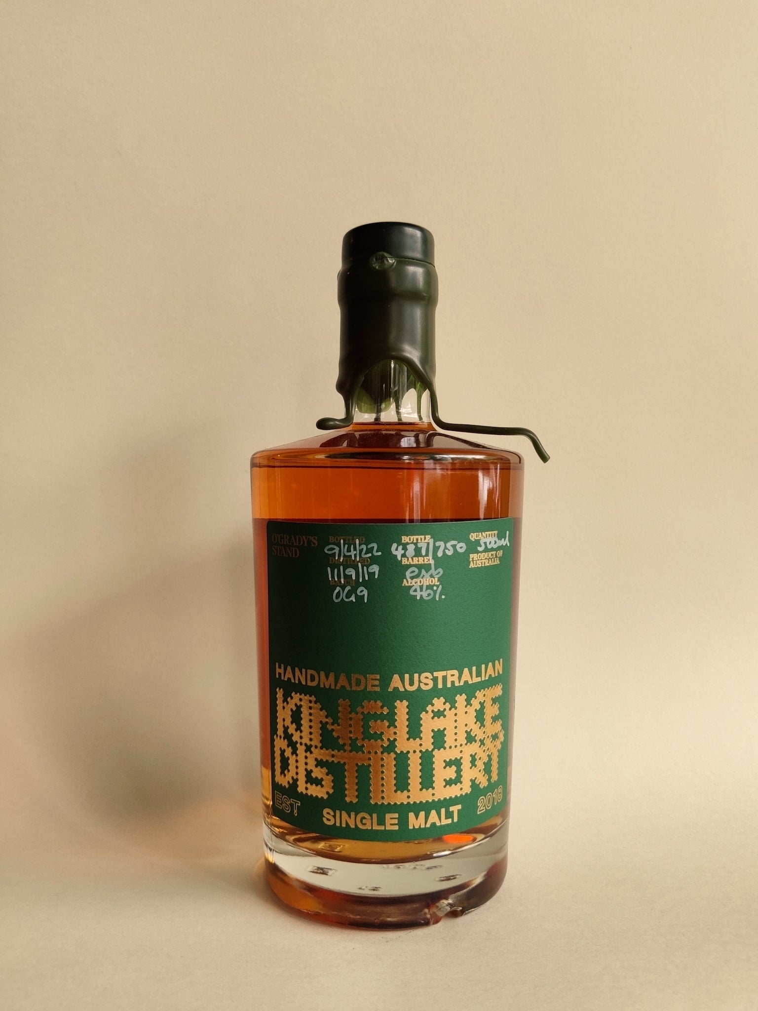 A 500ml bottle of Kinglake O'Grady's Stand Single Malt Whisky. 