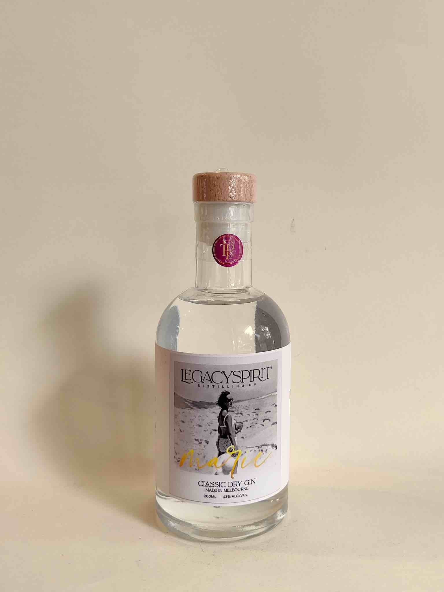 A 200ml bottle of Legacy Spirit Marie Gin.