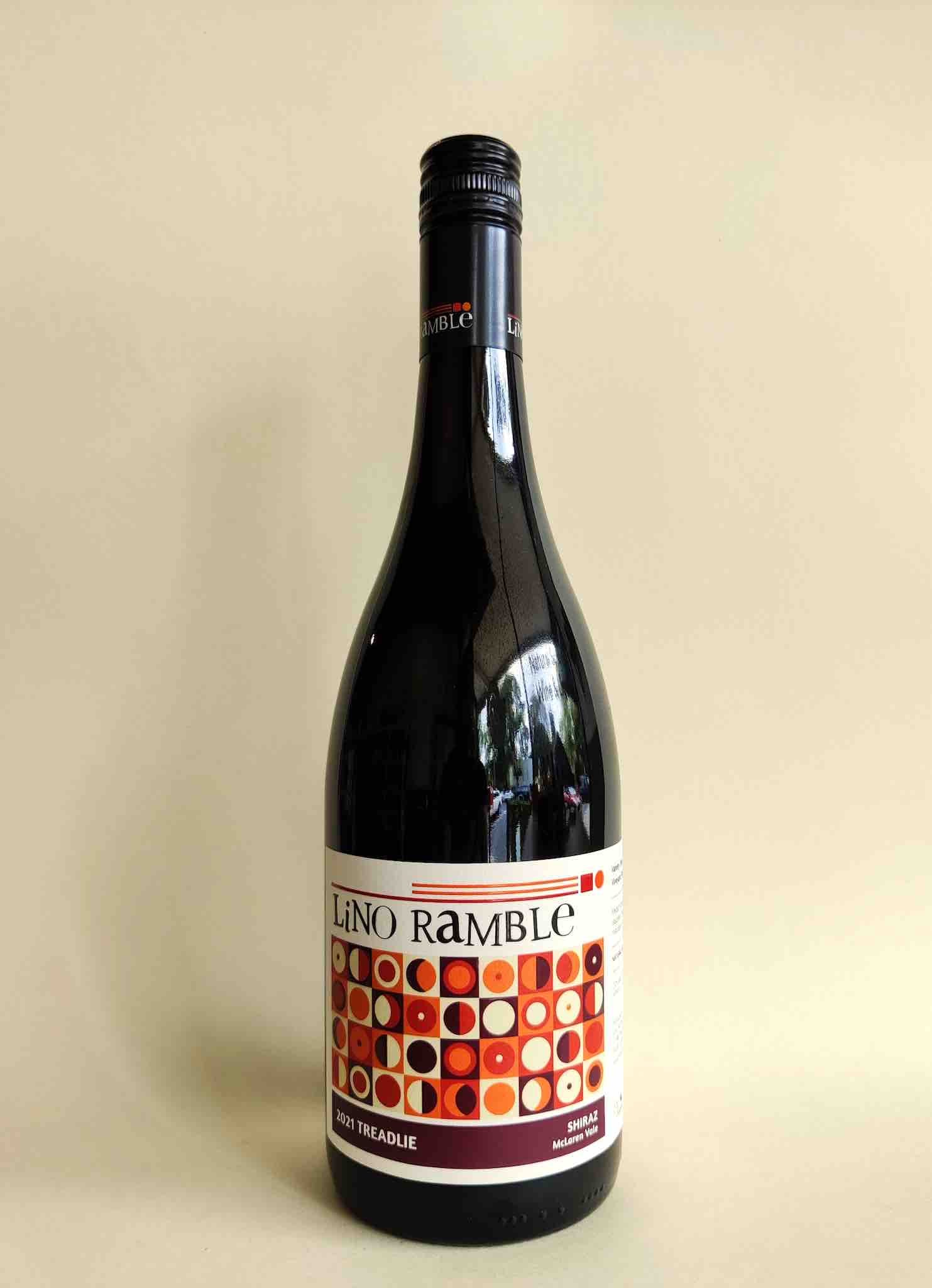 A bottle of 2021 Lino Ramble Treadlie Shiraz red wine from McLaren Vale, South Australia.