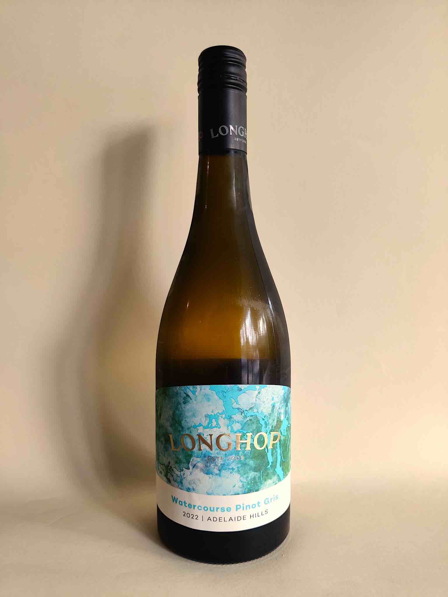 A bottle of Longhop Watercourse Pinot Gris from the Adelaide Hills, South Australia. 