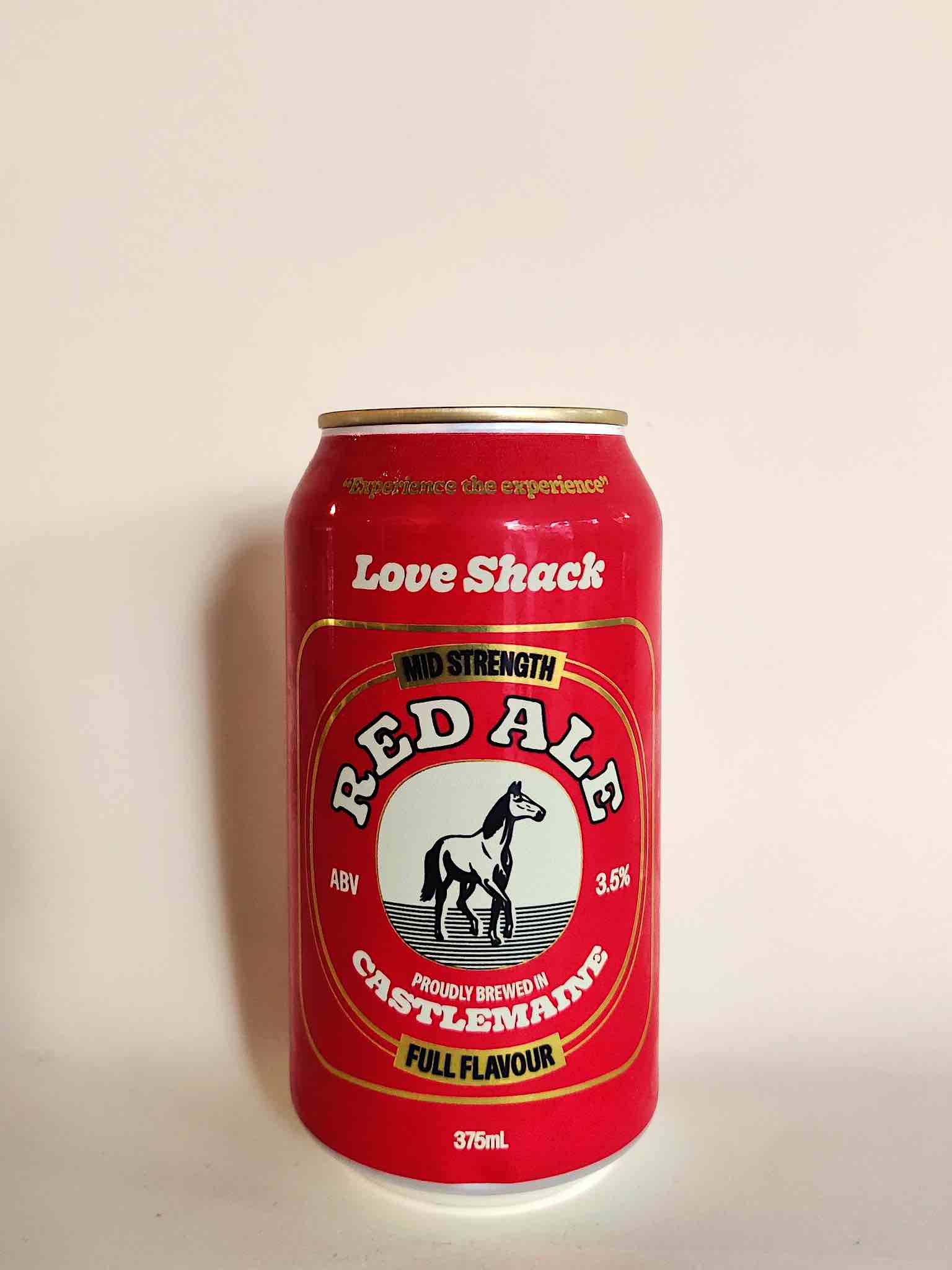 A 375ml can of Love Shack Red Ale from Castlemaine, Victoria.