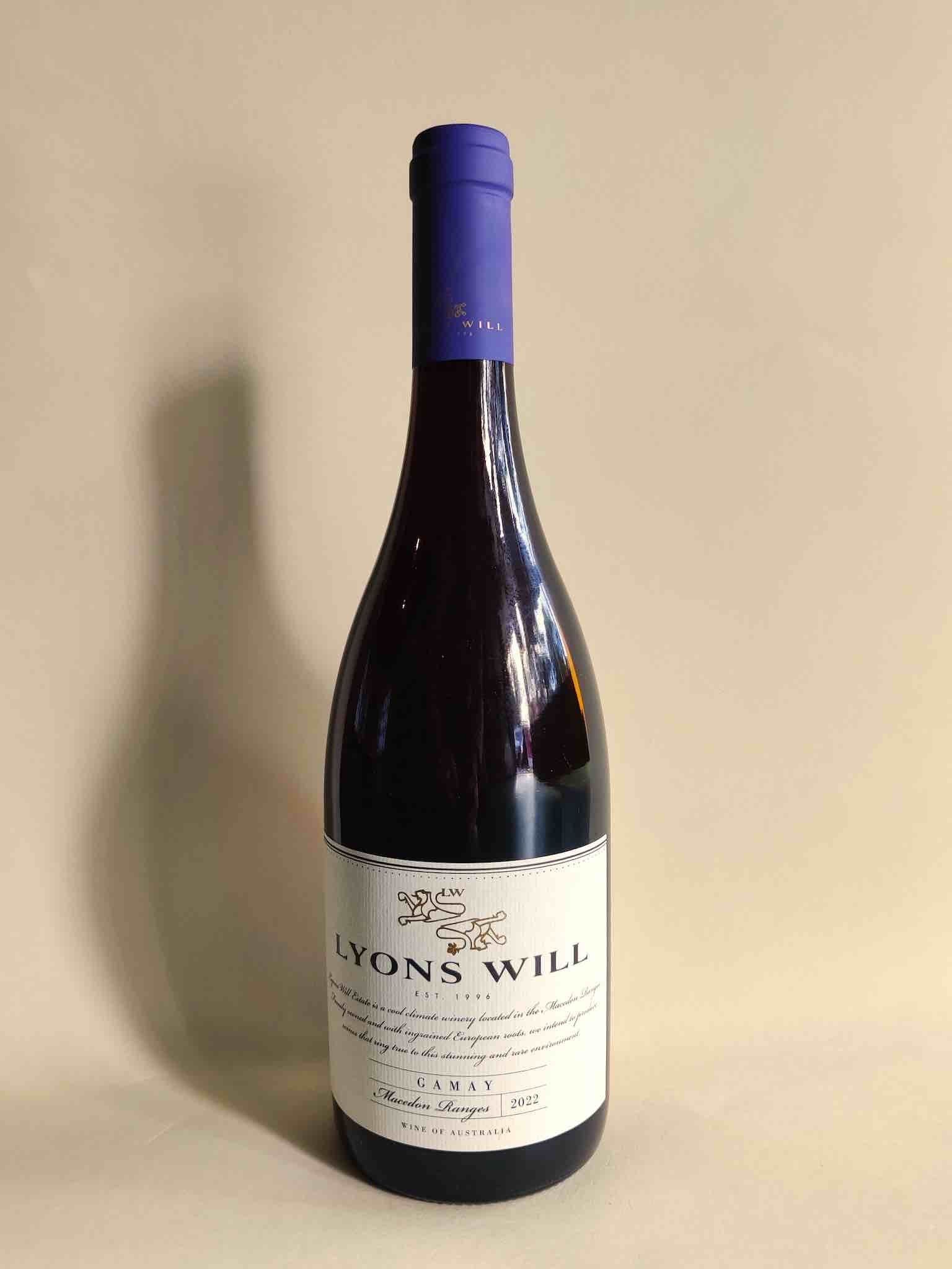 A 750ml bottle of Lyons Will Gamay red wine from the Macedon Ranges, Victoria.