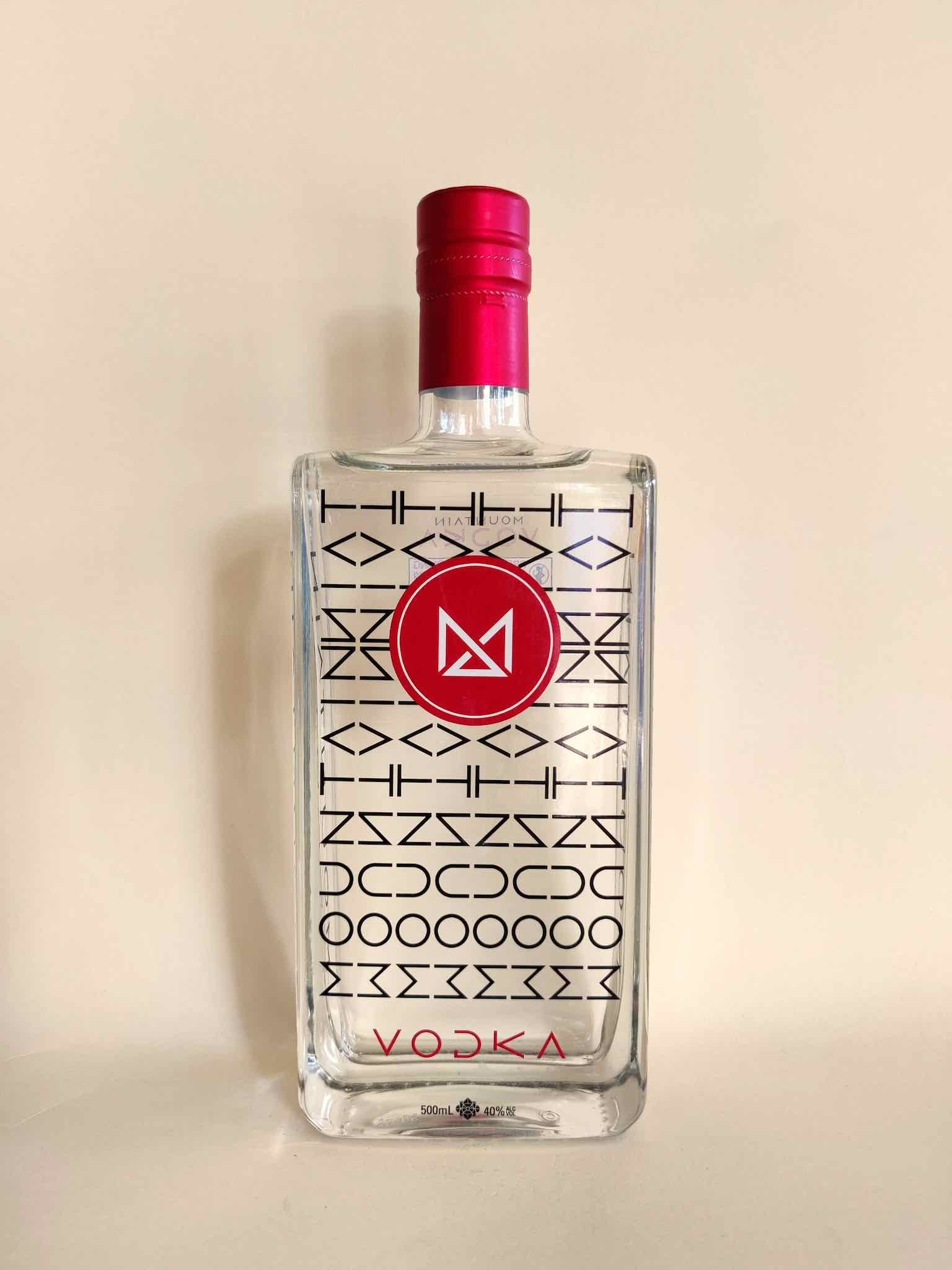 A 500ml bottle of Mountain Distilling Australian Vodka from the Macedon Ranges, Victoria.