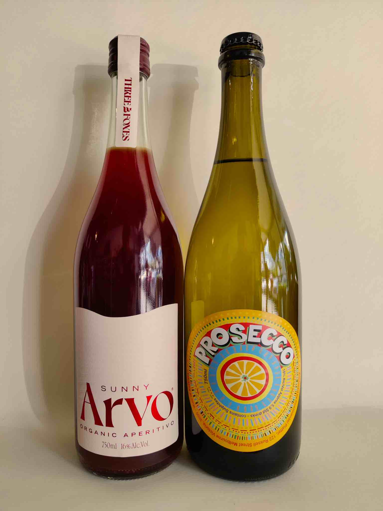 A spritzer pack comprising a bottle of Three Foxes Sunny Arvo Organic Aperitivo and a bottle of Continental Platter King Valley Prosecco. 