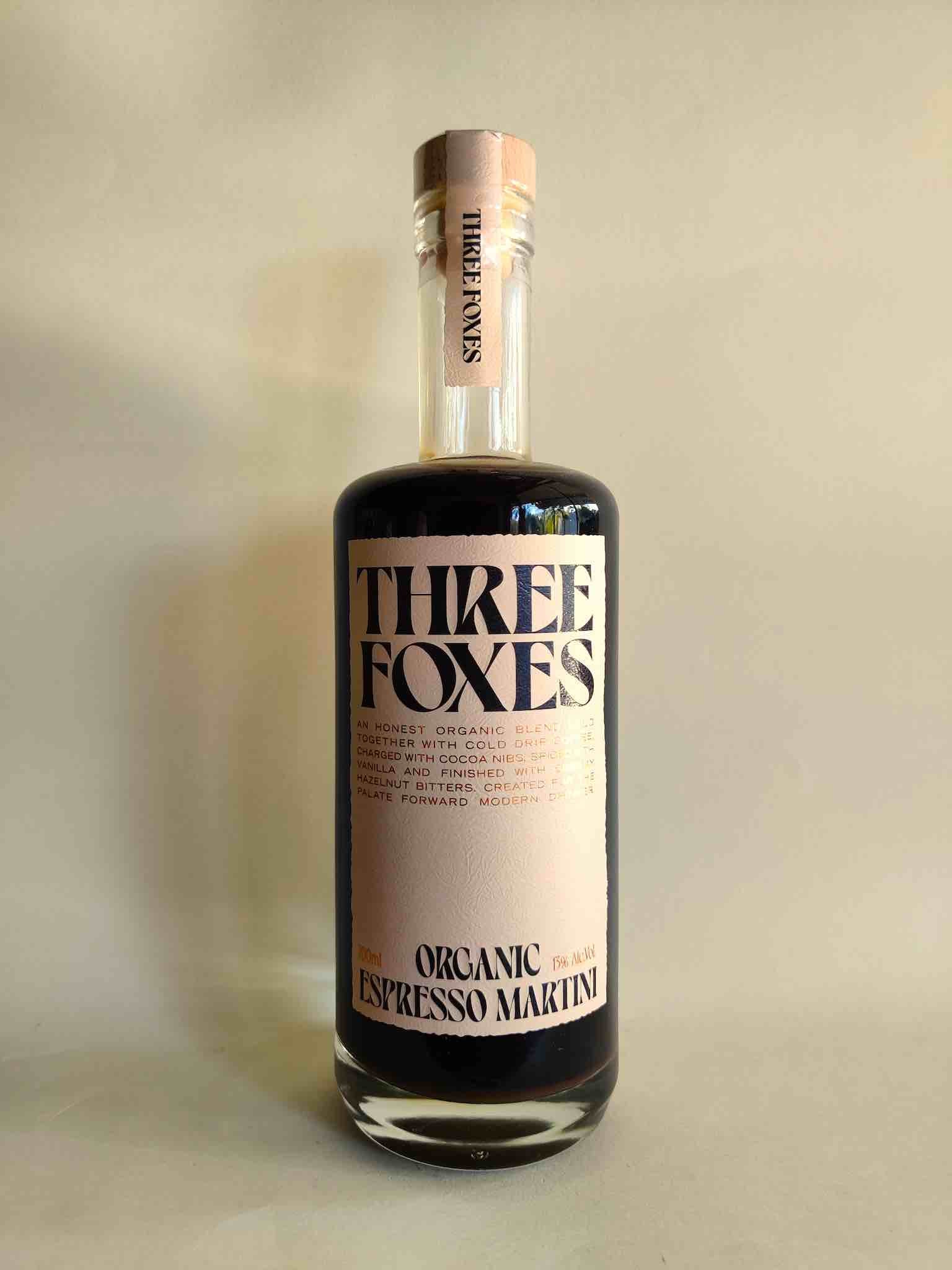 A 700ml bottle of Three Foxes Organic Espresso Martini.