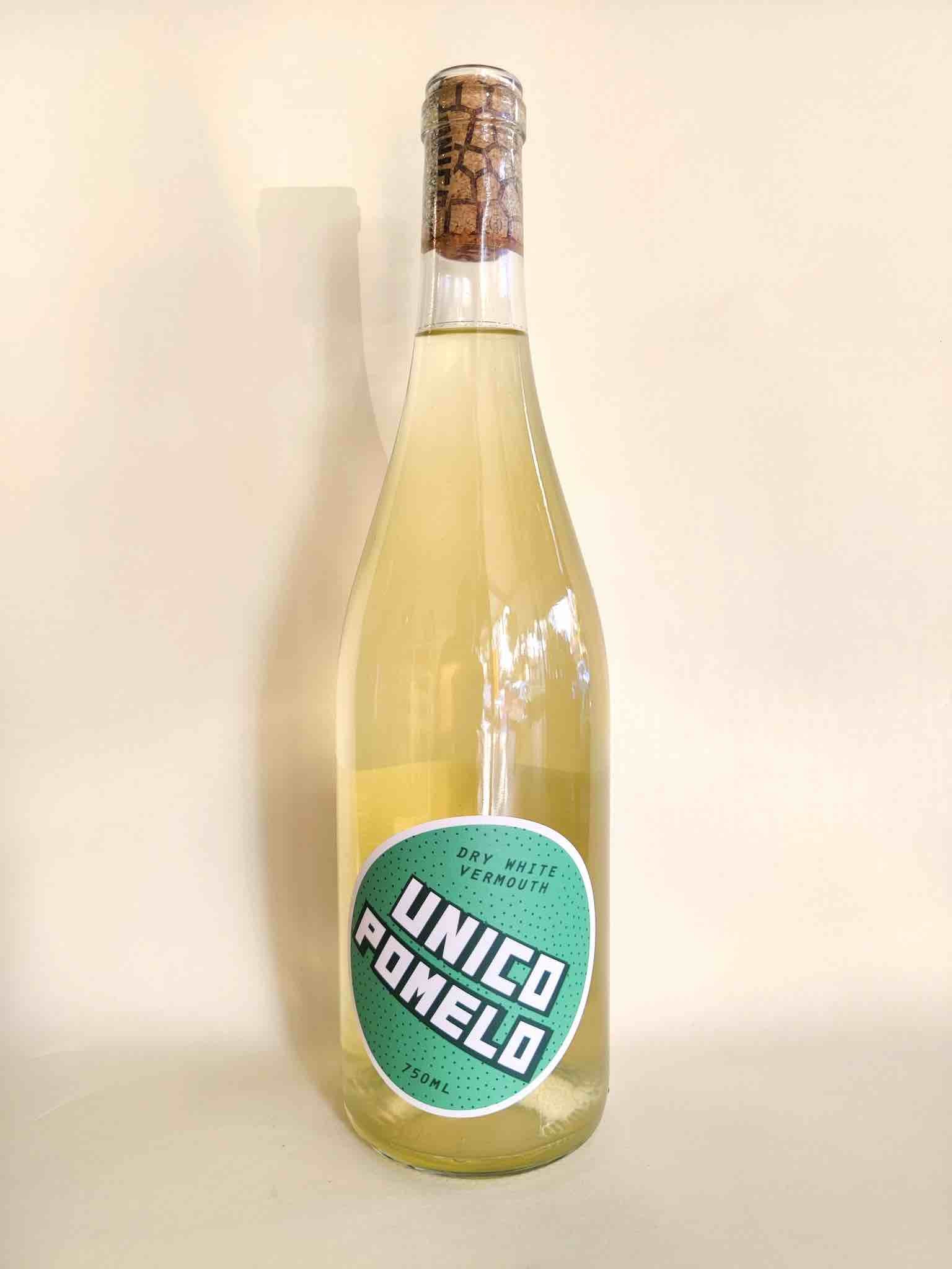 A bottle of Unico Pomelo Dry Vermouth from the Adelaide Hills, South Australia.