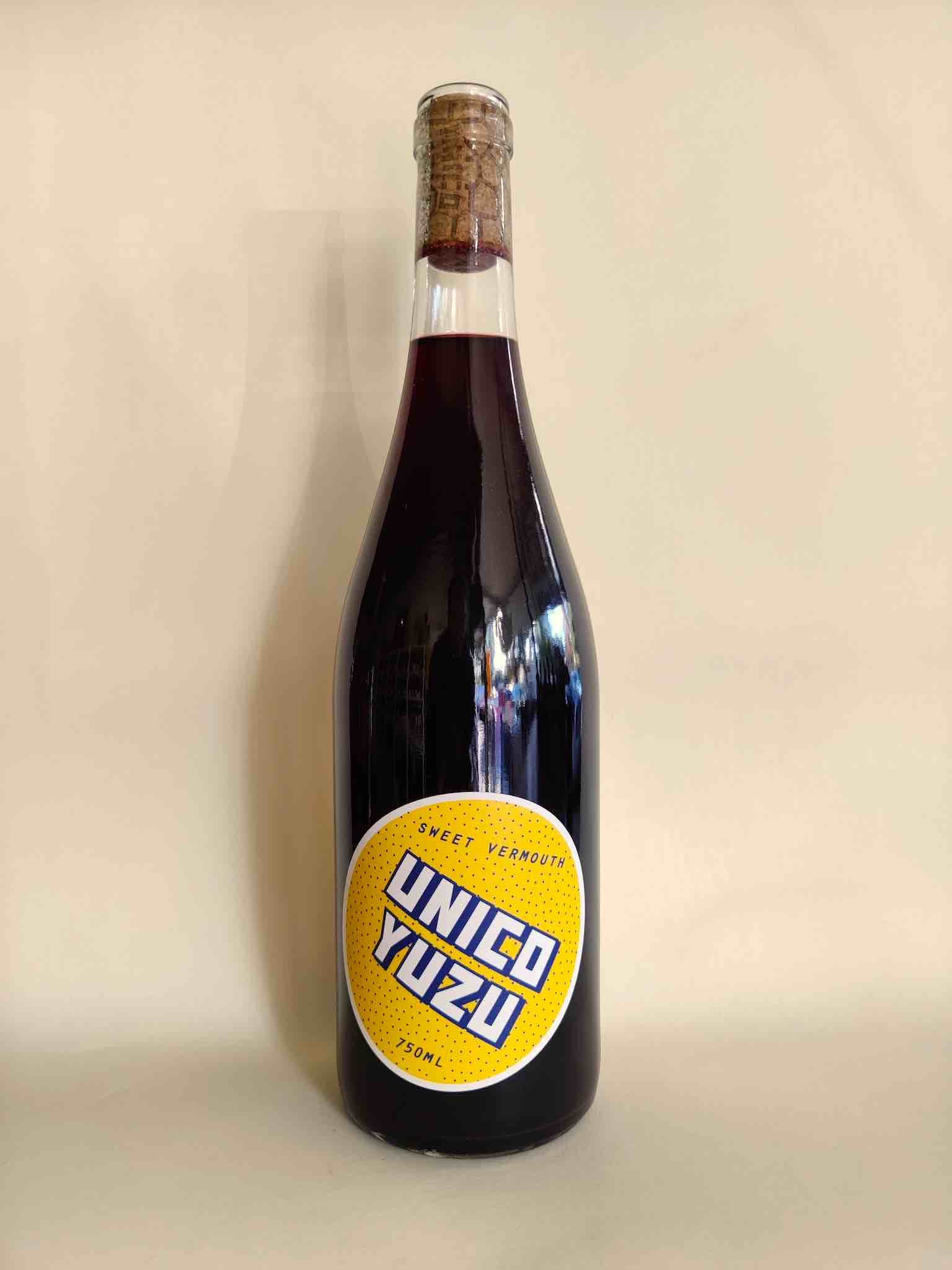 A 750ml bottle of Unico Yuzu Vermouth from the Adelaide Hills, South Australia. 
