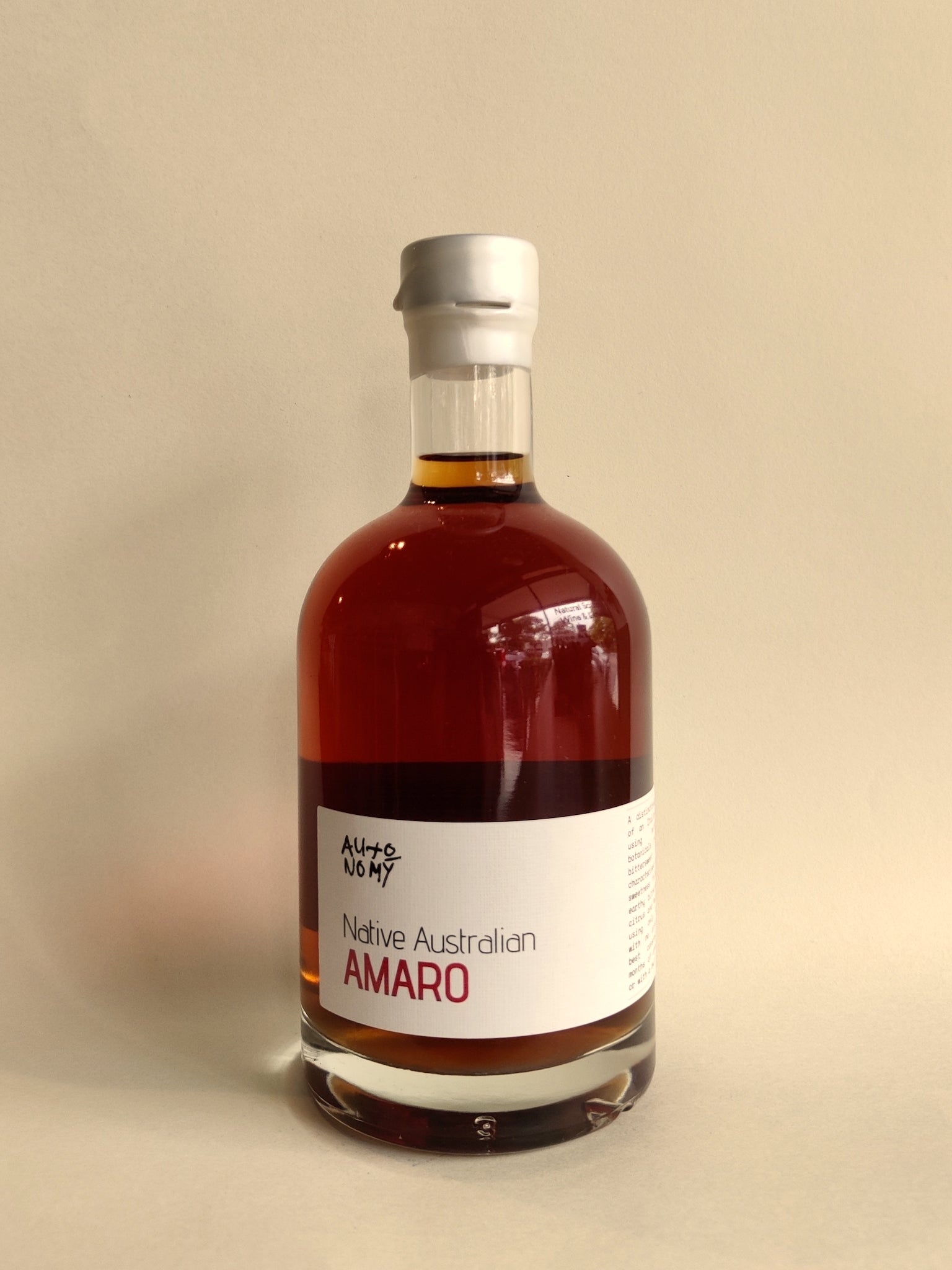 A 500ml bottle of Autonomy Distillers Native Australian Amaro. 