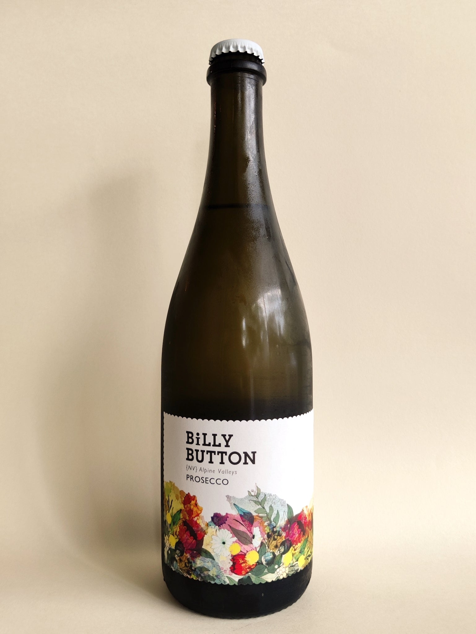 A bottle of Billy Button Wildflower Prosecco from the Alpine Valley, Victoria. 