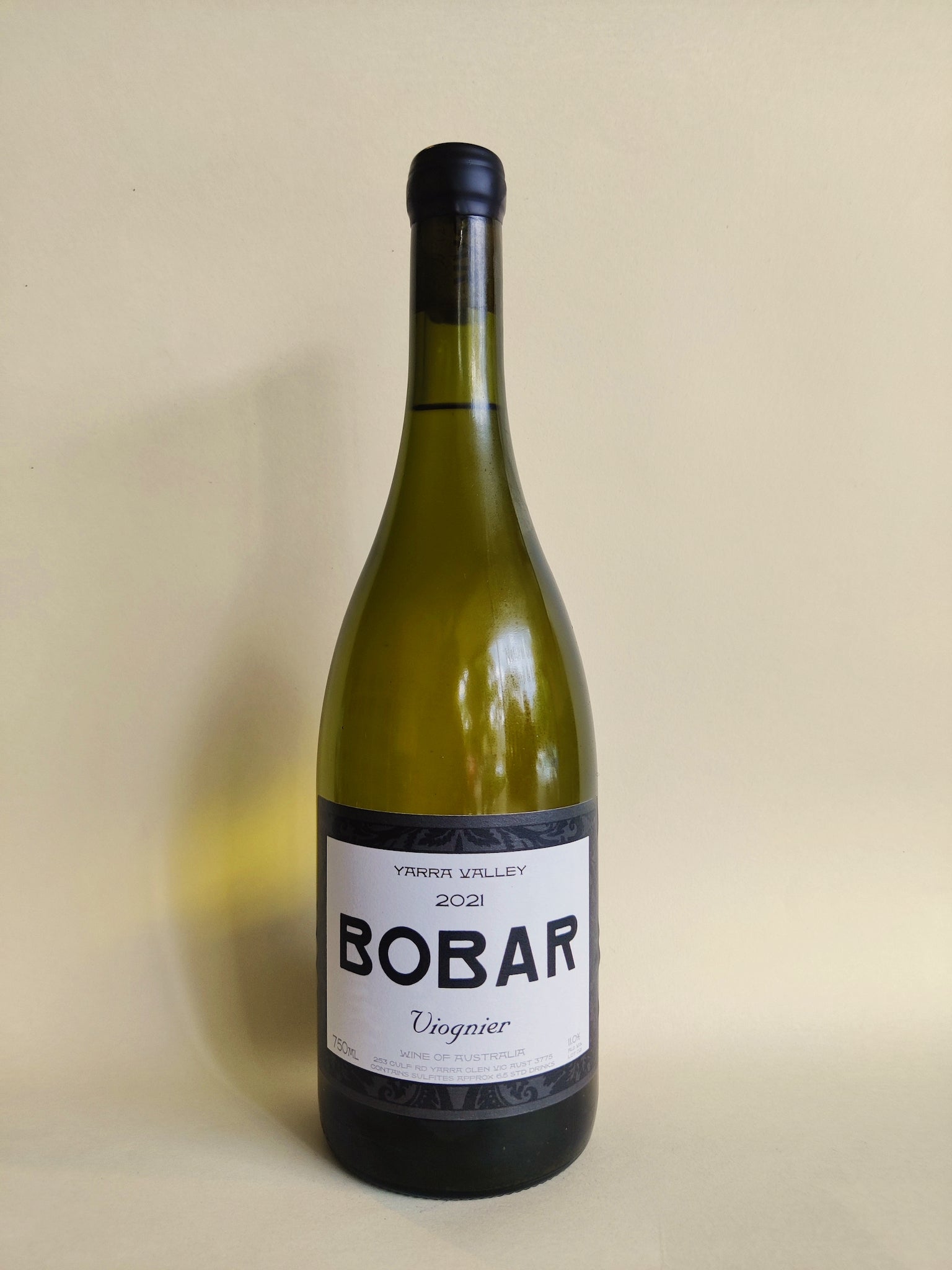 A bottle of Bobar Viognier from the Yarra Valley, Victoria.