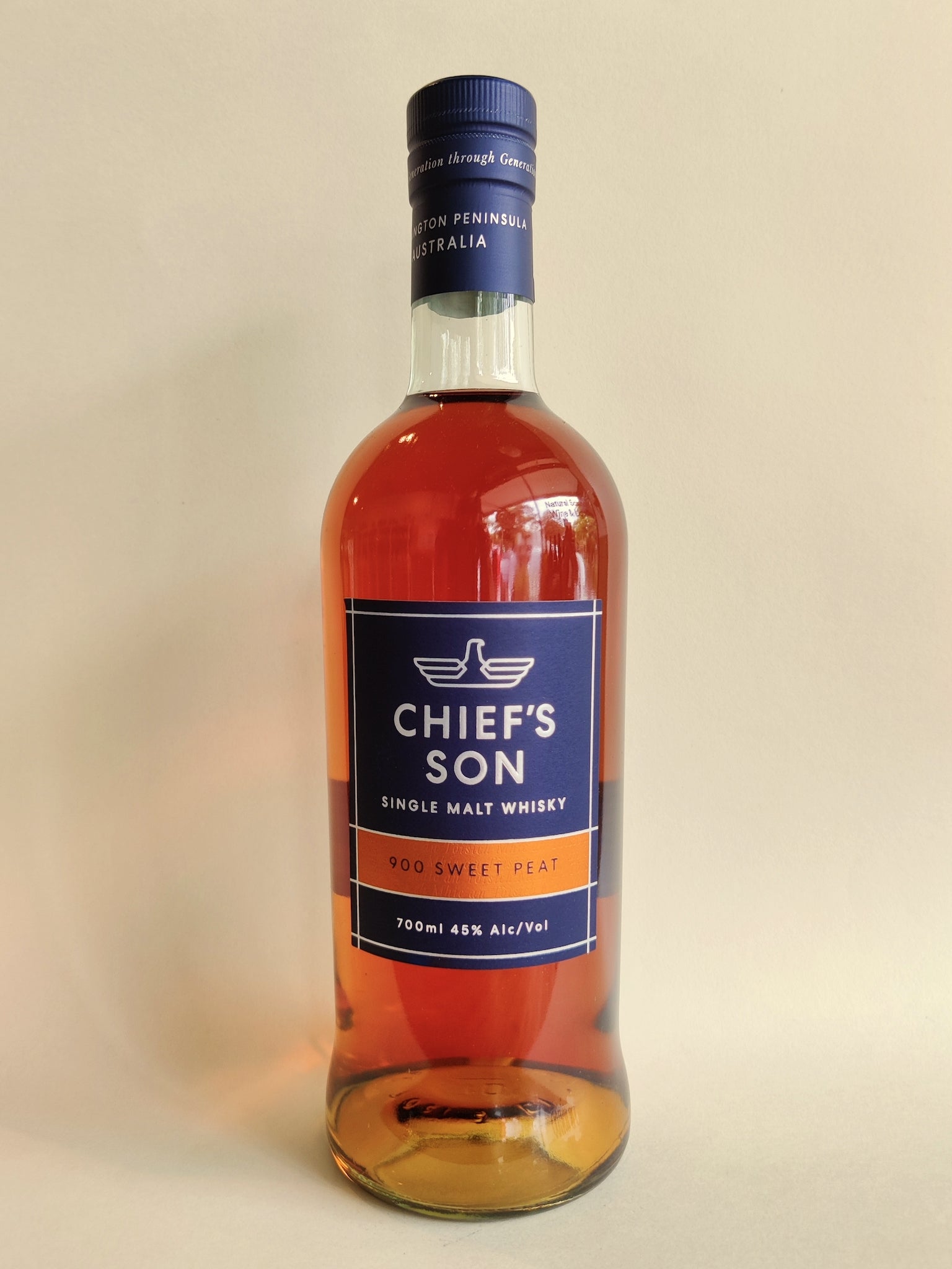 A bottle of Chief's Son 900 Sweet Peat Single Malt Whisky from the Mornington Peninsula, Victoria.