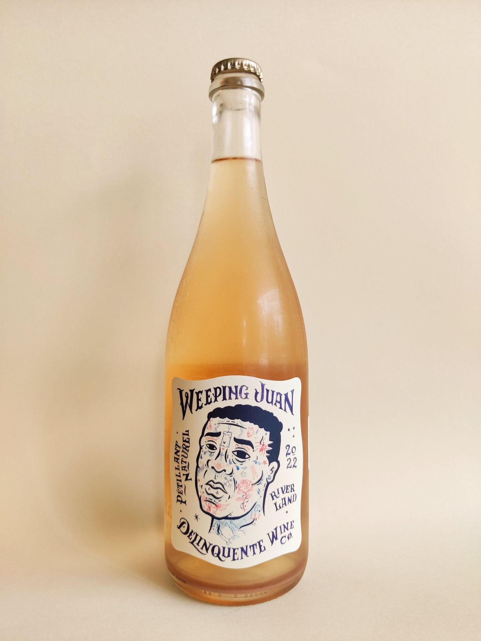 A bottle of Delinquente Weeping Juan Pet Nat Rosé from the Riverland, South Australia. 
