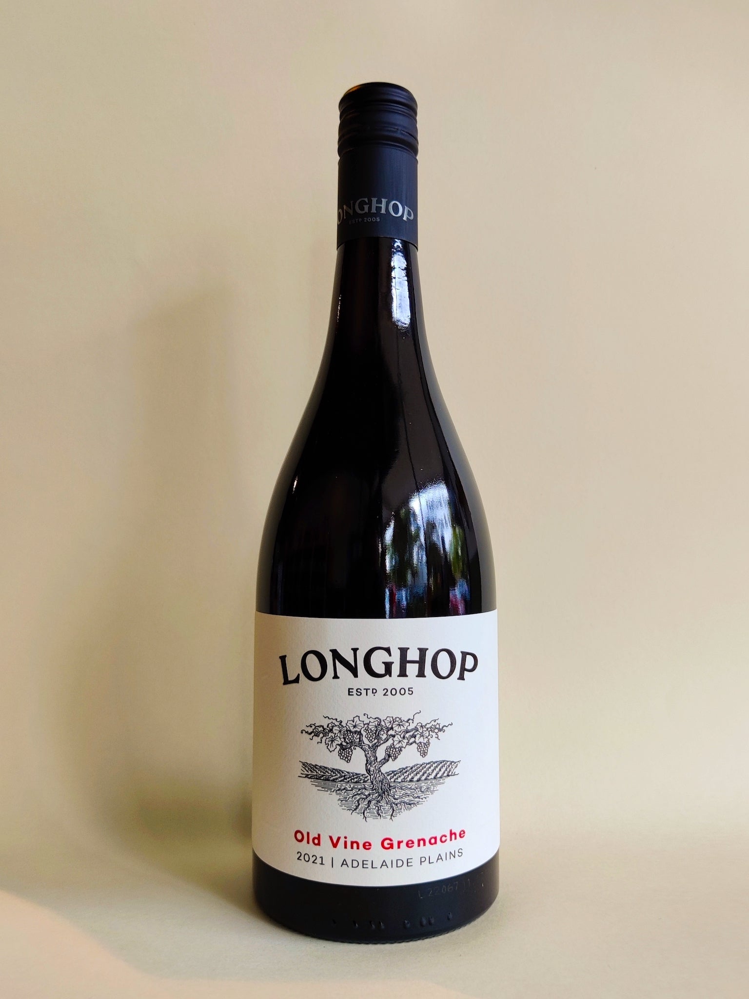 A bottle of Longhop Old Vine Grenache from Adelaide Plains, South Australia.