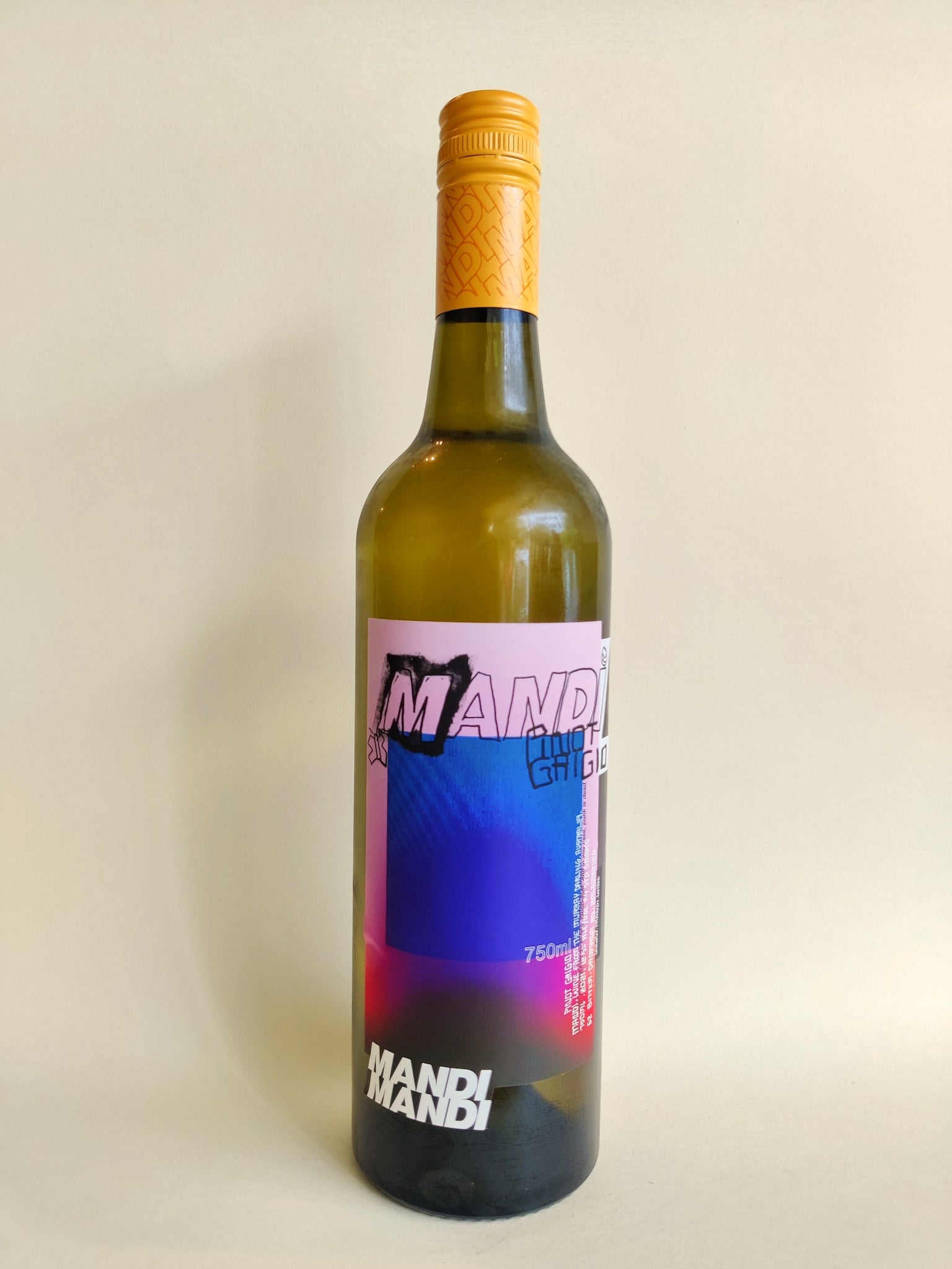 A bottle of MANDI Pinot Grigio from Mildura, Victoria. 