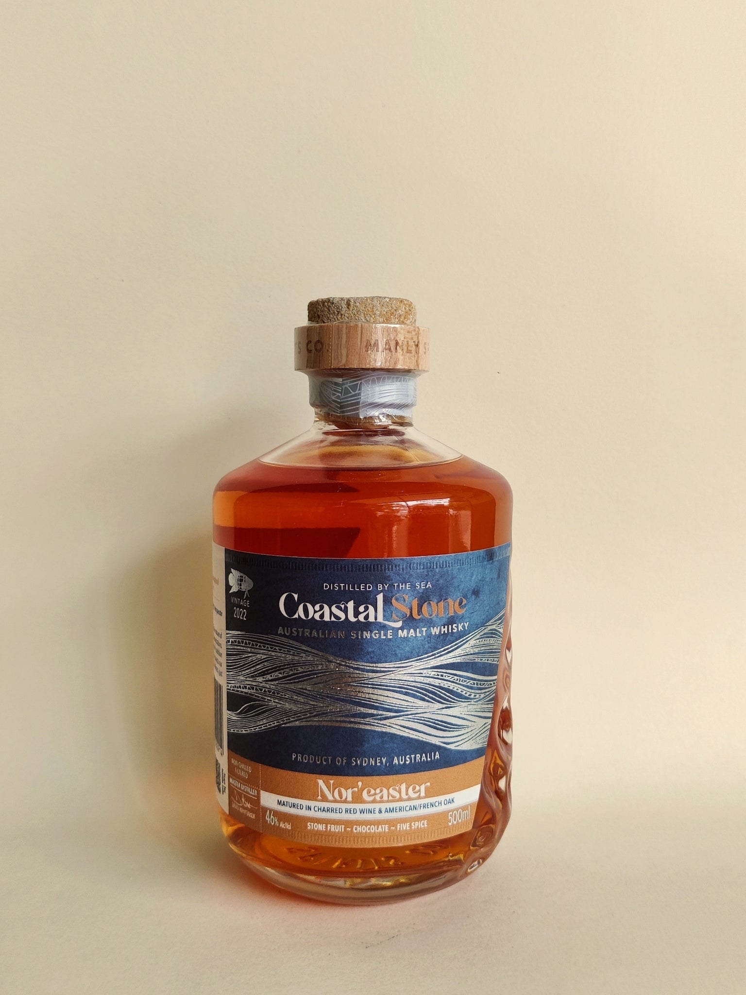 A 500ml bottle of Manly Spirits Nor-easter Australian Whisky from New South Wales.
