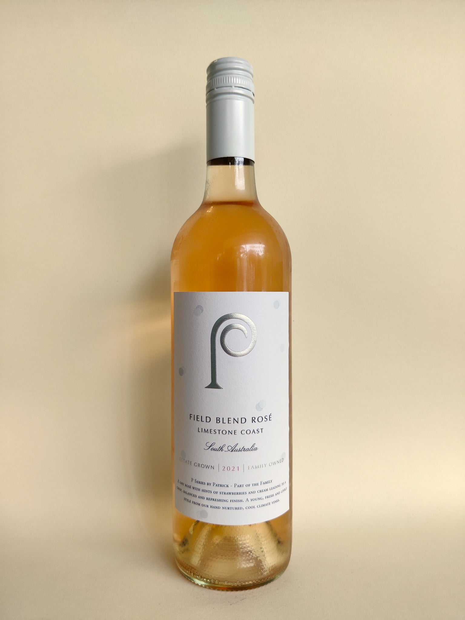 A bottle of Patrick of Coonawarra P-Series field blend rosé from Limestone Coast, South Australia.